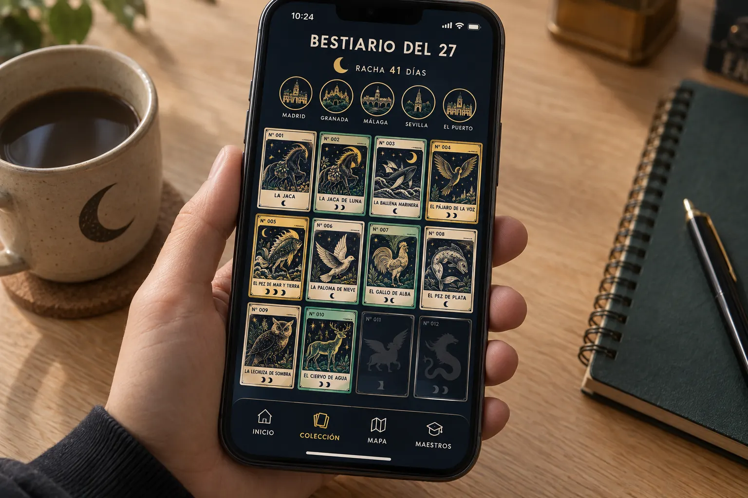 Un móvil muestra la colección del Bestiario del 27: la racha de 41 días, los sellos de cinco ciudades y doce cartas de bestias, dos de ellas todavía por conseguir
