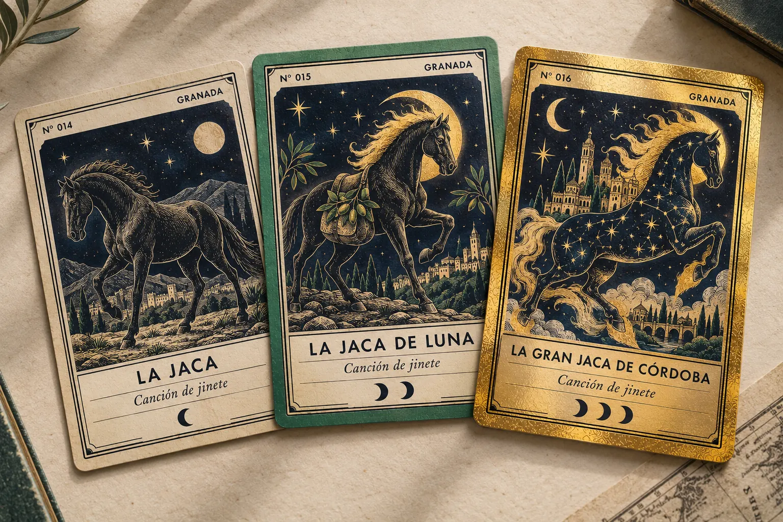Evolución de una bestia en tres cartas: La Jaca, común, una jaca negra; La Jaca de Luna, rara, con crin de luna y alforja de aceitunas; La Gran Jaca de Córdoba, legendaria, con el cuerpo hecho de noche estrellada