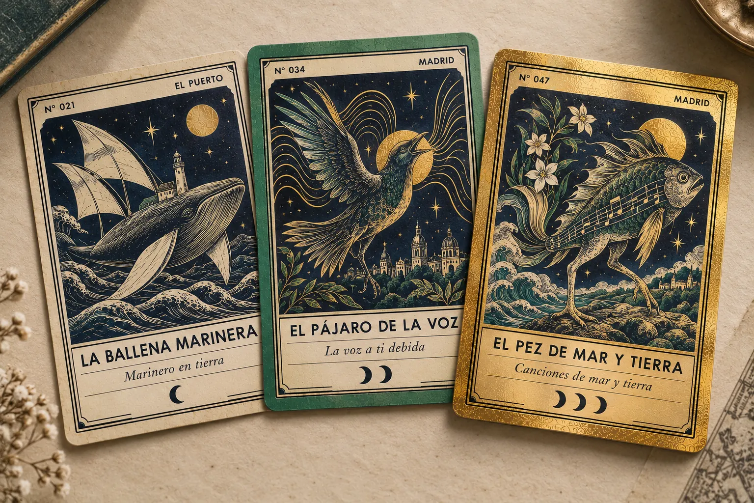 Tres bestias de tres libros: La Ballena Marinera, de Marinero en tierra; El Pájaro de la Voz, de La voz a ti debida; y El Pez de Mar y Tierra, de Canciones de mar y tierra
