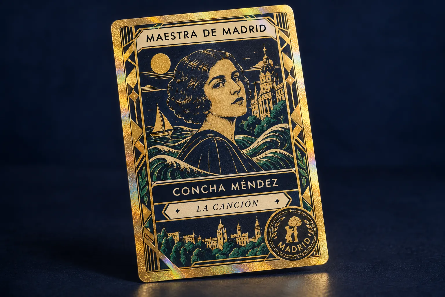 Carta especial dorada de Concha Méndez, maestra de Madrid, con el reto La canción y el sello de Madrid