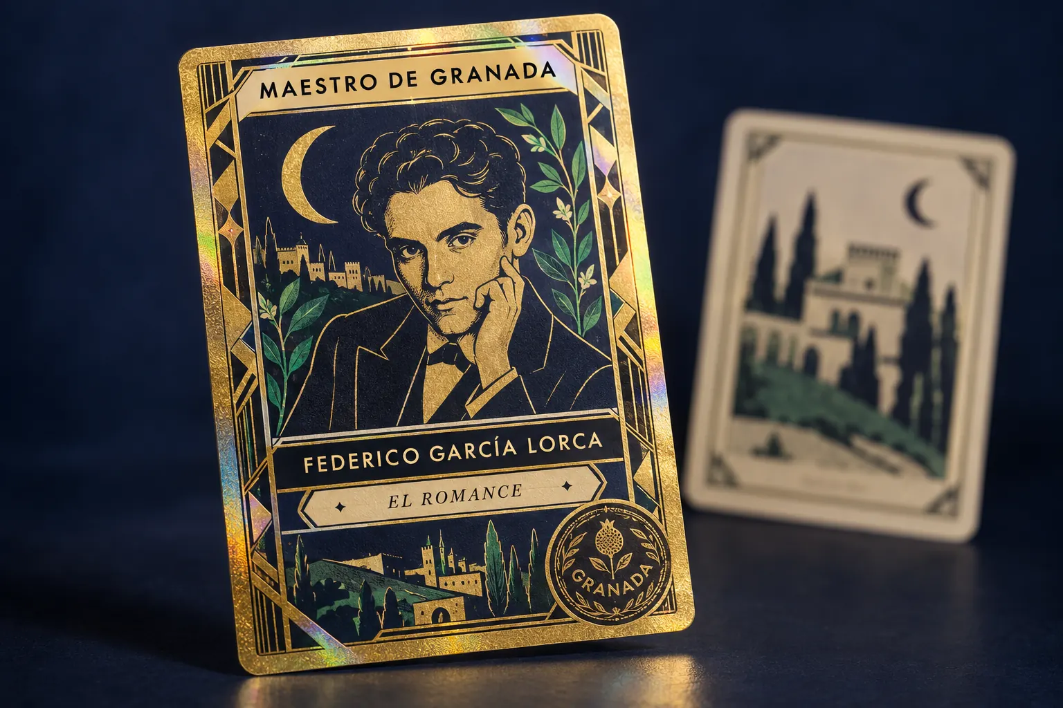 Carta especial dorada de Federico García Lorca, maestro de Granada, con el reto El romance y el sello de Granada