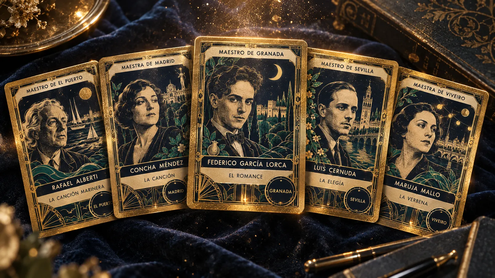 Cinco cartas doradas de maestro en abanico: Rafael Alberti, maestro de El Puerto; Concha Méndez, maestra de Madrid; Federico García Lorca, maestro de Granada; Luis Cernuda, maestro de Sevilla; y Maruja Mallo, maestra de Viveiro