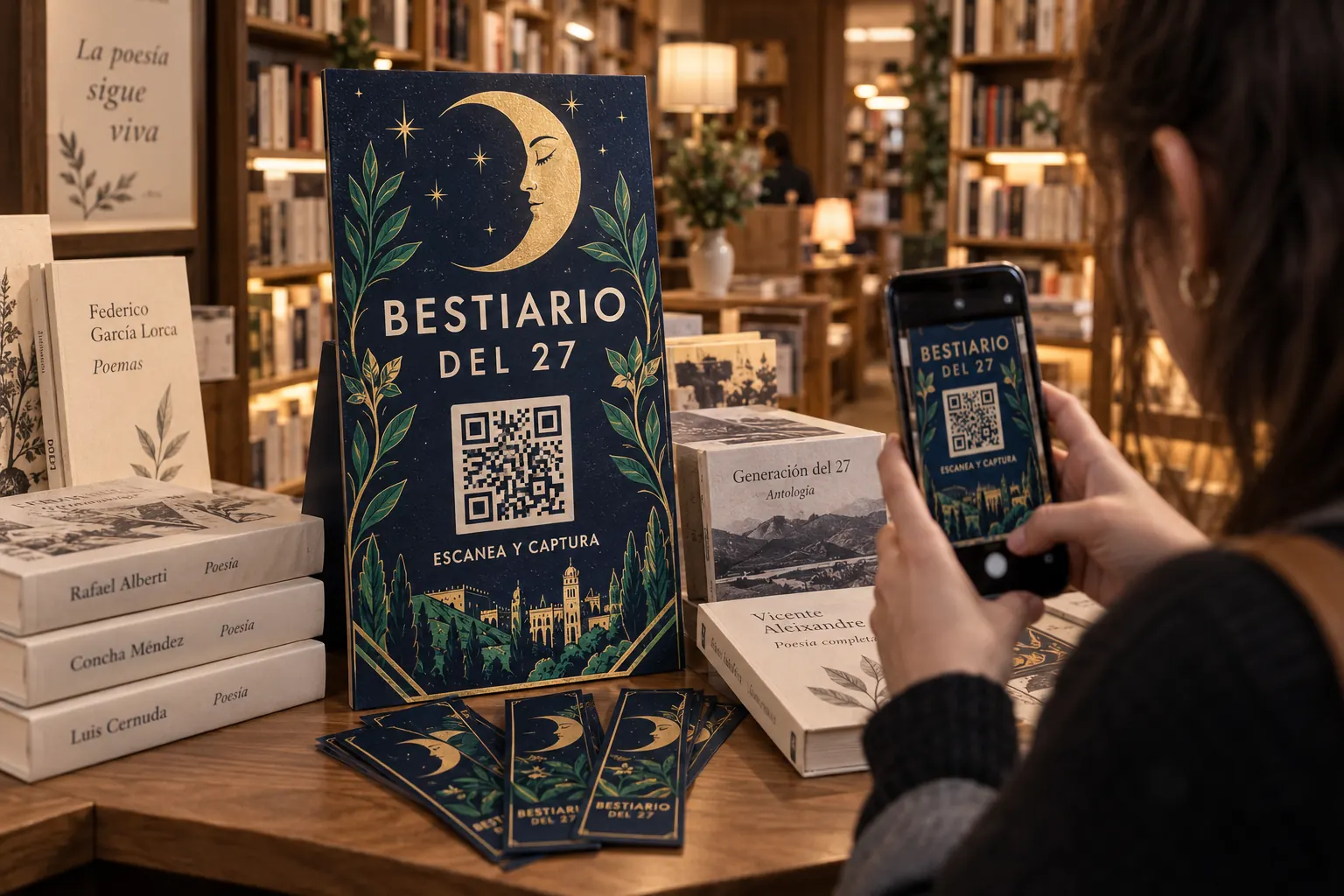 Expositor del Bestiario del 27 con un código QR sobre una mesa de novedades de poesía, mientras una lectora lo escanea con el móvil