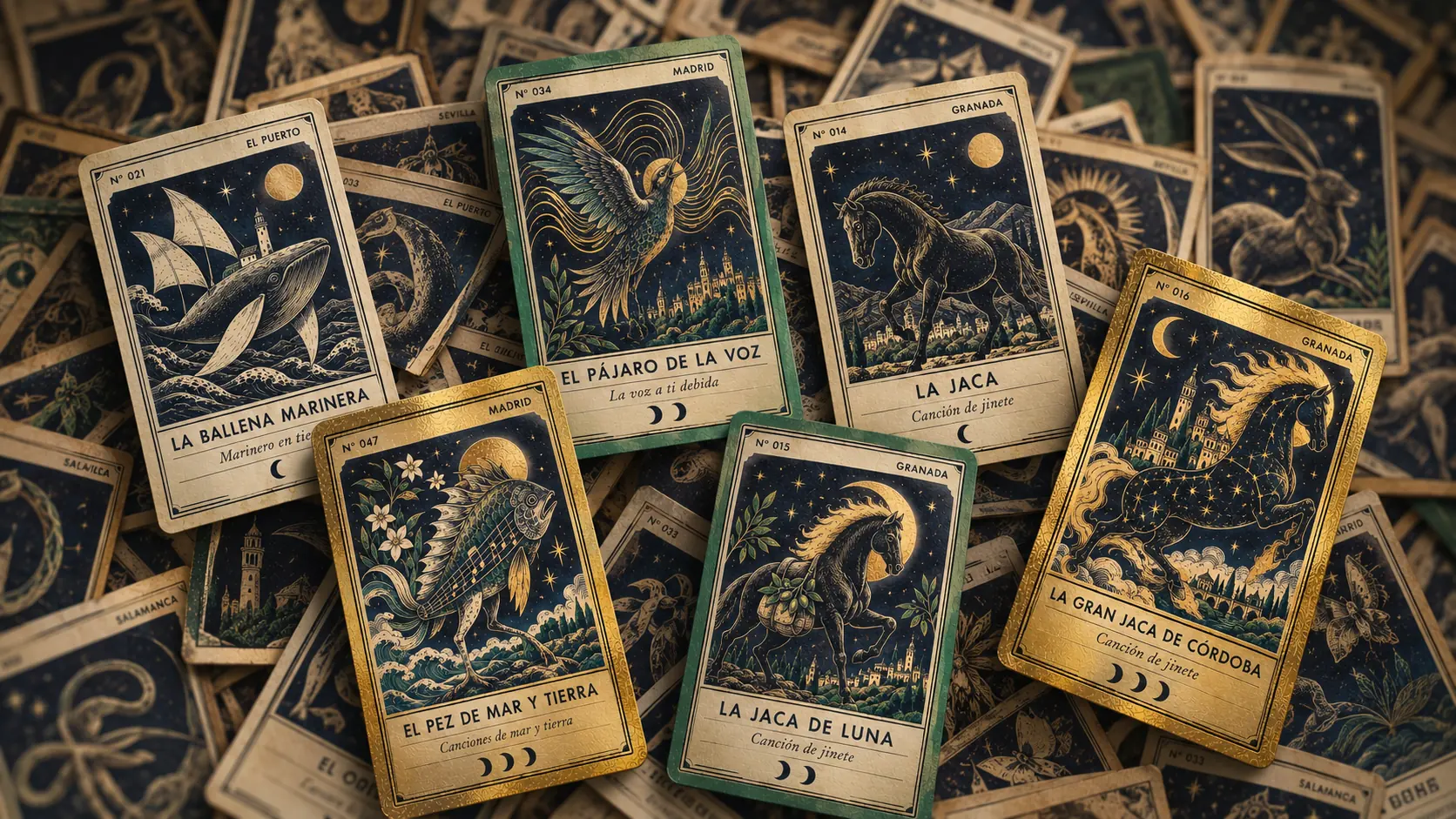 Mesa cubierta de cartas de bestias del Bestiario del 27